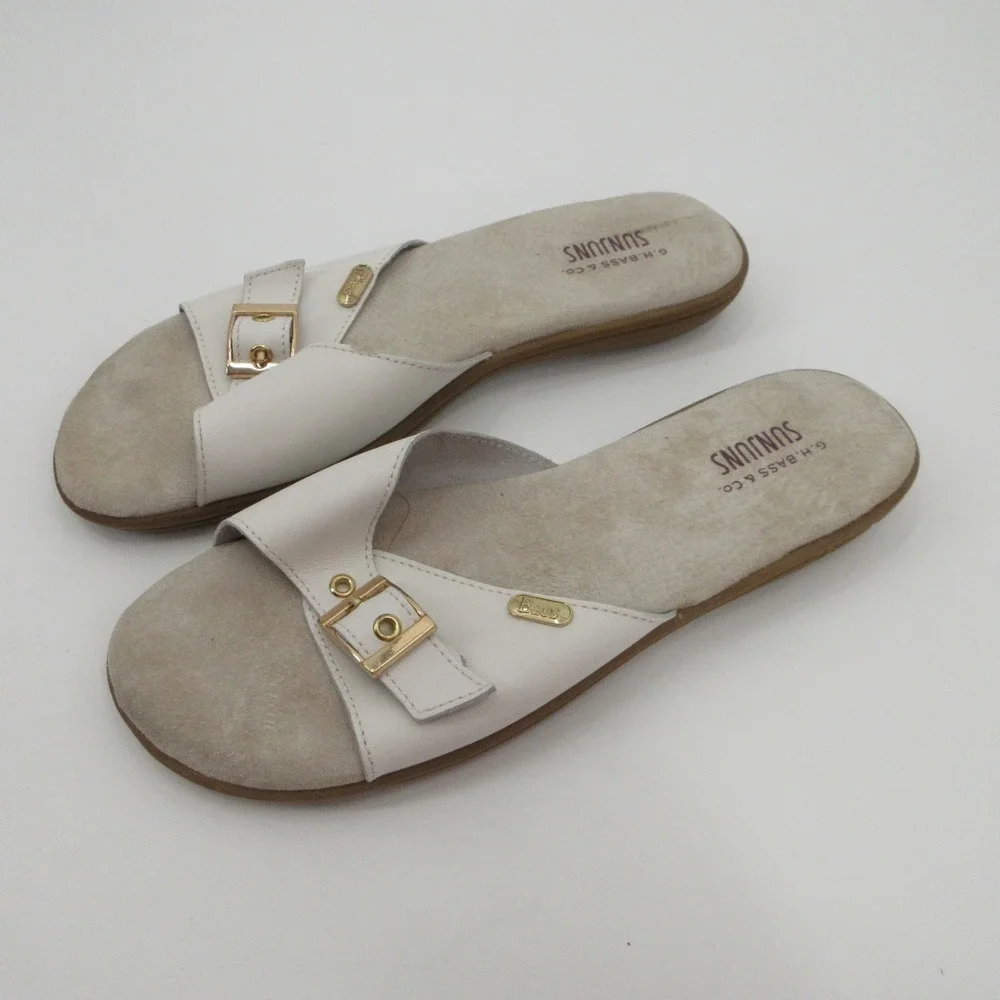 GH Bass Sunjuns Safina Women White Leather Slide Sandals Gold Buckle Flat Sz 10